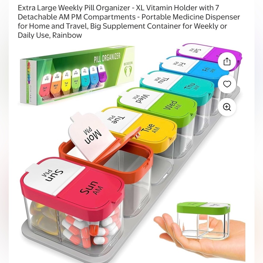 Extra Large Weekly Pill Organizer NEW w/7 Detachable AM PM Compartments